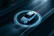 © Olga Ко - Autonomes Elektroauto fährt nachts auf der Autobahn mit leuchtenden Radar- und Lidarsensoren, intelligentes Fahrzeug der Zukunft.