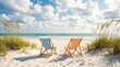 © EdiArtX - Two colorful beach chairs sit on a pristine sandy beach, overlooking a calm blue ocean under a bright, cloudy sky.