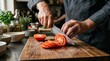 © DesignAIPro - Professional chef slicing a fresh red tomato on a wooden cutting board