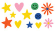 © jubayer71 - Retro groovy vector collection of colorful stars hearts flowers and smiley face stickers.