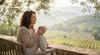 © ViskBx - Woman sitting on a wooden bench, holding a cup of coffee and looking at the beautiful vineyard landscape at sunrise