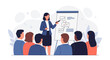 © Kirana - Businesswoman presenting a strategy diagram on a whiteboard to a diverse audience in a modern office meeting.