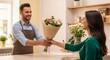 © Dipsky - Florist joyfully presents a vibrant springtime bouquet to a delighted customer in a flower shop