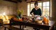 © Design - Woman preparing food, kitchen table with ingredients, cooking indoors, healthy meal prep