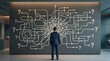 © Aish-Studio - Businessman stands facing a complex network of interconnected lines and arrows symbolizing choices, decisions, and the challenges of problem-solving.
