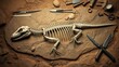 © QIU - articulated. Articulated reptile skeleton in sedimentary rock with tools, archaeological excavation and fossil discovery concept. STEM education sheets.