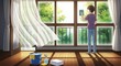 © Papi - Young person cleaning bright windows in a sunny room, with cleaning supplies.