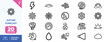 © Deezora - Climate Visualization Icons. Containing storm vortex, solar flare, precipitation drop, snowflake cluster, wind direction arrow, tornado swirl, fog bank, crescent. Editable stroke. Vector illustration.