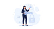© Arvano - Businesswoman holding a large key and interacting with a padlock icon, symbolizing security, access, and solutions