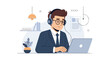© Samsul - An office professional wearing a headset and suit works diligently on his laptop at a desk decorated with books and a small plant.