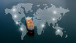 © Prathankarnpap - 3D Illustration Aerial View Container Ship on Ocean with Global Shipping Route World Map Network