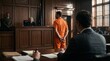 © Oleg - Accused White Male Prisoner Standing in Courtroom Before Judge and Jury in Orange Jumpsuit. Formal legal trial inside a wood paneled courthouse with defense counsel and public gallery.