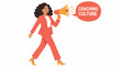 © Barman - Confident woman in red suit using megaphone for coaching.