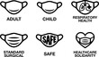 © Sharmin - Medical face mask icon set. Professional healthcare protection elements collection. Respiratory safety symbols design. Surgical mask icons isolated on white background.