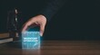 © Rio Ai - Business hand placing glowing inventory optimization cube for supply chain management