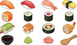 © Prodip - Sushi and Japanese food collection with nigiri rolls soy sauce and traditional cuisine vector illustration