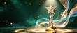 © koosy - Award trophy with green ribbon background,  Ideal for award ceremony banners, corporate annual meeting posters, outstanding staff slides, championship headers and prize event graphic templates.