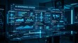 © toni - Futuristic AI governance system dashboard displays various graphs and charts in a dark room.