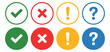 © AYAT - Checklist vector icon set, multicolor tick cross exclamation and question mark symbols, yes no true false task list indicators.