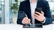 © Avery - Businessman signing digital document on tablet with smartphone, modern office workflow concept, remote work technology