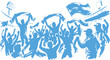 © brandesiner - Dynamic blue graphic of sports fans cheering and waving scarves and flags with cheering silhouette celebration supporter excitement enthusiasm together gathering energetic shouting spectator