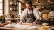 © NORN - Master Chef in Action: A seasoned chef, with flour dusting his apron and a warm smile, expertly kneads dough with a rolling pin in a rustic, well-equipped kitchen.
