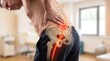 © Art & Design by Olya - Sciatica pain and lower back injury in man with holographic spine anatomy overlay. Male patient holding sore back, medical clinic diagnostics for sciatic nerve inflammation or herniated disc