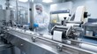 © WisChi - Pharmaceutical production line with worker in cleanroom labeling machine applying labels to vials