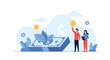 © MD - Business professionals manage financial growth around a large stack of banknotes and flying coins in a modern corporate illustration.