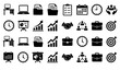 © MdIbrahimIslam - Business management and corporate analytics black solid icon set featuring office desks laptops folders clipboards calendars clocks growth charts handshakes briefcases and targets vector