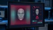 © N R B - AI Facial Recognition Deepfake Detection System Interface on Dark Monitor Screen with Detection Confidence Meter and Warning Alert Display