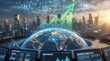 © Tri - Futuristic globe and financial analytics interface featuring a rising growth chart, symbolizing global business expansion, revenue increase, market success, and economic development.