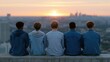 © ISVO - Group of five young men sitting on a ledge overlooking a city skyline at sunset, wearing denim jackets and casual attire, with a warm glow in the background