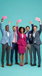© Mirivox - A diverse group of professionals in business attire, holding pink envelopes and cheering, symbolizing success, achievement, and good news in the business world.