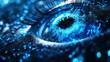 © Farah - Close up of a futuristic glowing human eye integrated with complex digital circuitry and vibrant blue light data streams patterns