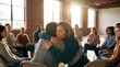 © Panlop - An emotional woman crying and hugging a support group member during a therapy session.