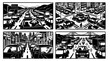 © Neoviz Studio - Four black and white vector illustrations showing urban traffic congestion and city transportation problems in a busy metropolitan environment