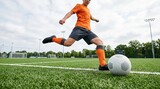 Boy playing soccer and kicking ball on professional grass field. Young athlete training for championship match. Active healthy lifestyle and sport competition concept at stadium.