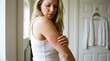 © Hassan - Blond woman looking concerned while touching a red itchy skin rash on her upper arm in a brightly lit room