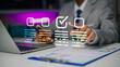 © Ao Zaa Studio - Businessman hand touching digital checklist tick box hologram interface on laptop screen, evaluating customer survey feedback and quality compliance questionnaire in modern office at night.