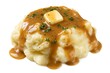 © Reandz - Creamy Homemade Mashed Potatoes with Savory Brown Gravy Melting Butter and Herbs Isolated on White Background, Classic Thanksgiving Side Dish