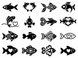 Collection of decorative heart shaped fish icons and symbols with silhouette valentine graphics decorative isolated illustration creature swimming collection