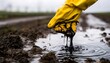 © Agung - Yellow gloved hand holding oily sludge dripping into muddy water, environmental pollution concept.