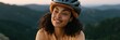© Iryna - Outdoor cycling portrait background with smiling woman in helmet for wellness and active lifestyle banner design