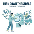 © gacor - Man turning down stress and turning up calm with a dial, symbolizing mental well-being and peace.