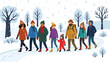 © BATASE - Diverse Group of Friends and Family Walking Together on Snowy Path in Winter Park Flat Vector Illustration Wearing Warm Clothes and Jackets