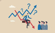 © Nazma - Stagflation economi up growth decrease causing by unemployment concept, fearful businessman riding fall down economic graph with inflation high up