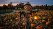 © AKLIMA - Autumn scarecrow with lantern in pumpkin patch at dusk