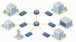 © Wasenat - Clean flat vector illustration on a light background showing an isometric computer network linking office buildings, servers and a telecom tower for IT infrastructure design.