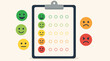 © MDRasel - Clean flat vector illustration of a clipboard customer satisfaction survey with emoji rating faces on a light background, ideal for feedback, service quality, and UX reports.